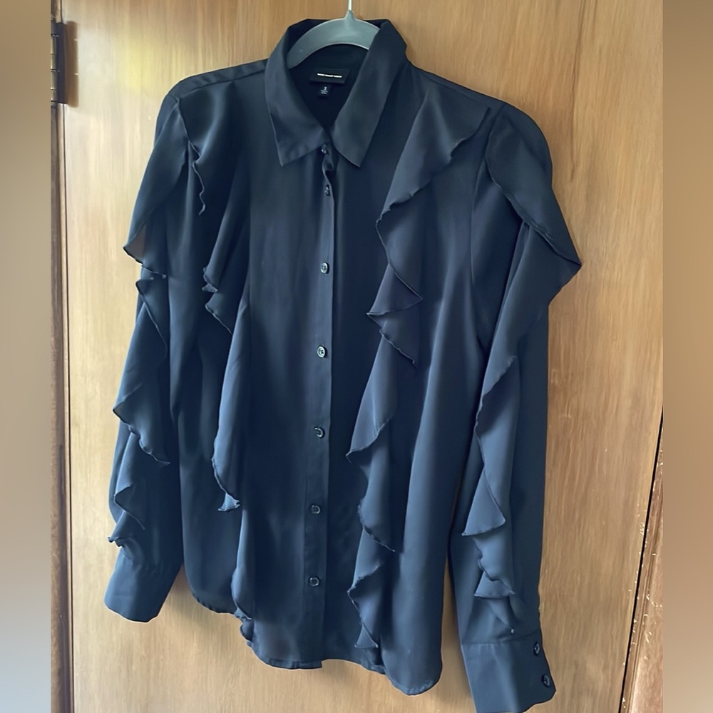 Who What Wear black chiffon tuxedo blouse.Small4-6. semi sheer.